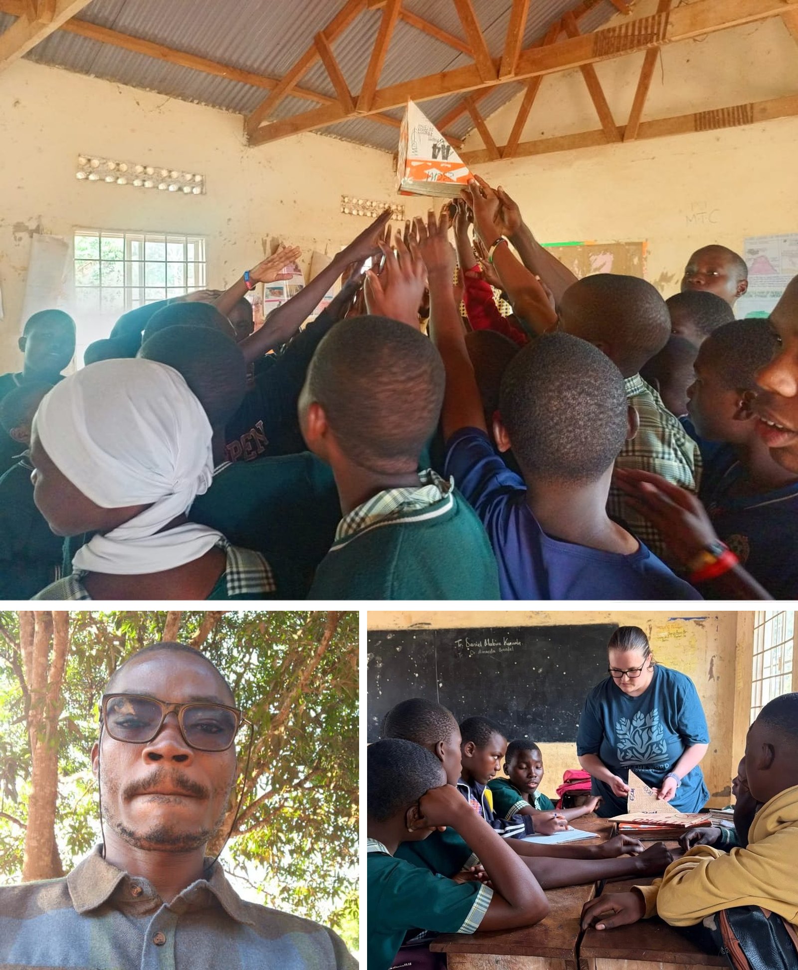 Children holding a triangular prism, and Daniel Mubiru with Dr. Amanda Brendal teaching