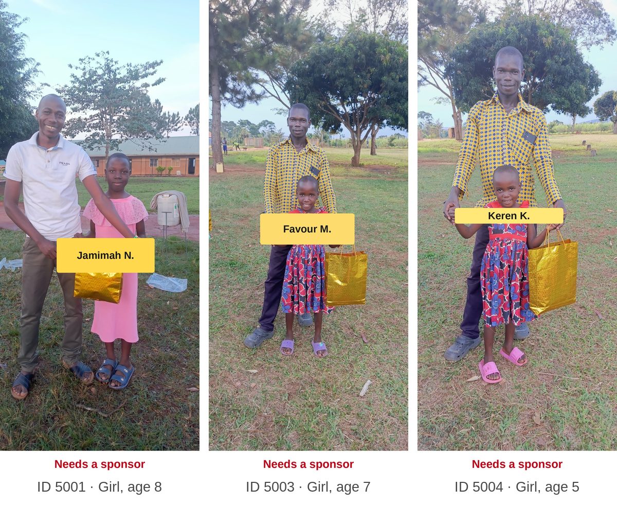 Scholarship children who still need a sponsor, each labeled with first name, ID, and age