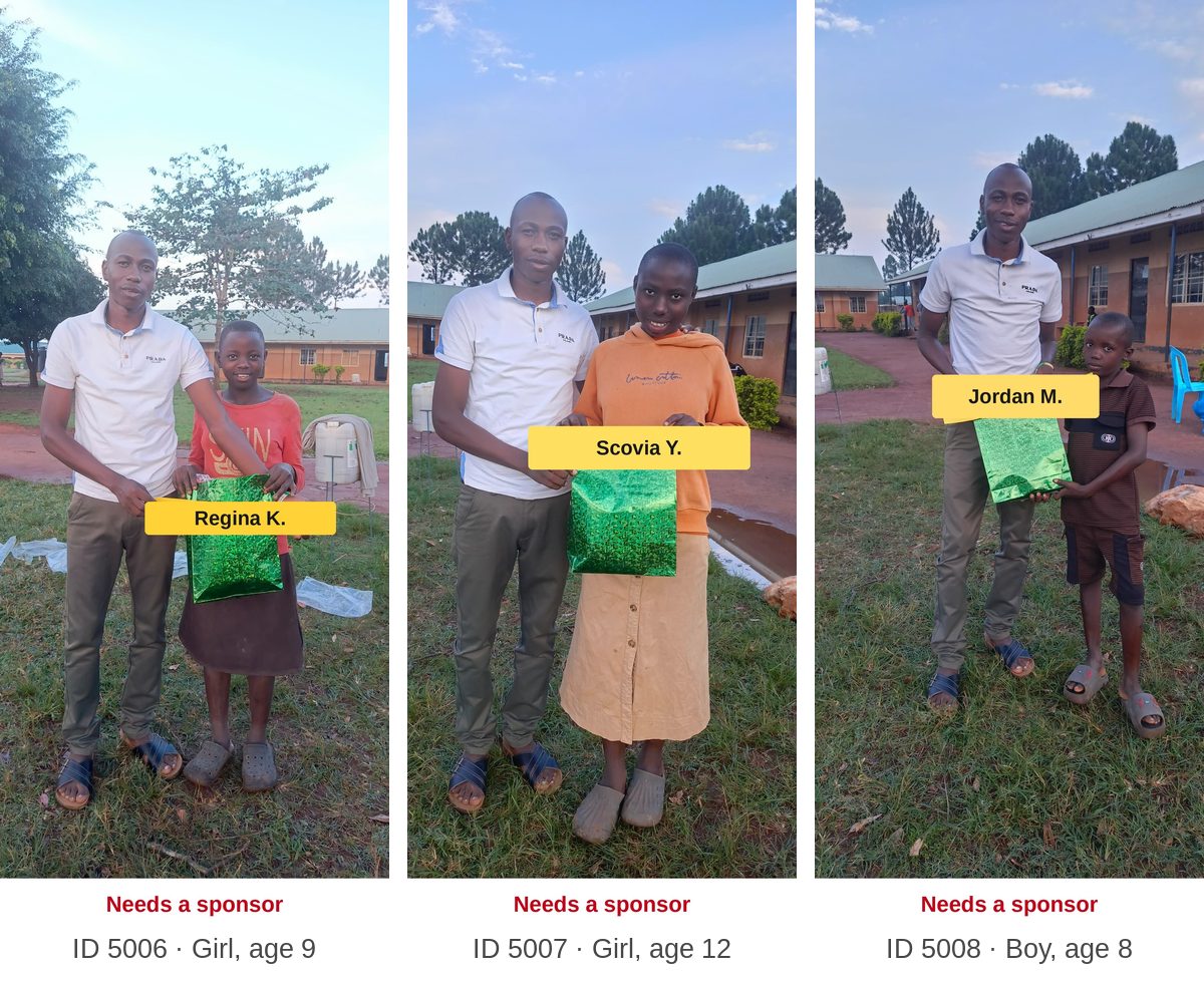 Scholarship children who still need a sponsor, each labeled with first name, ID, and age