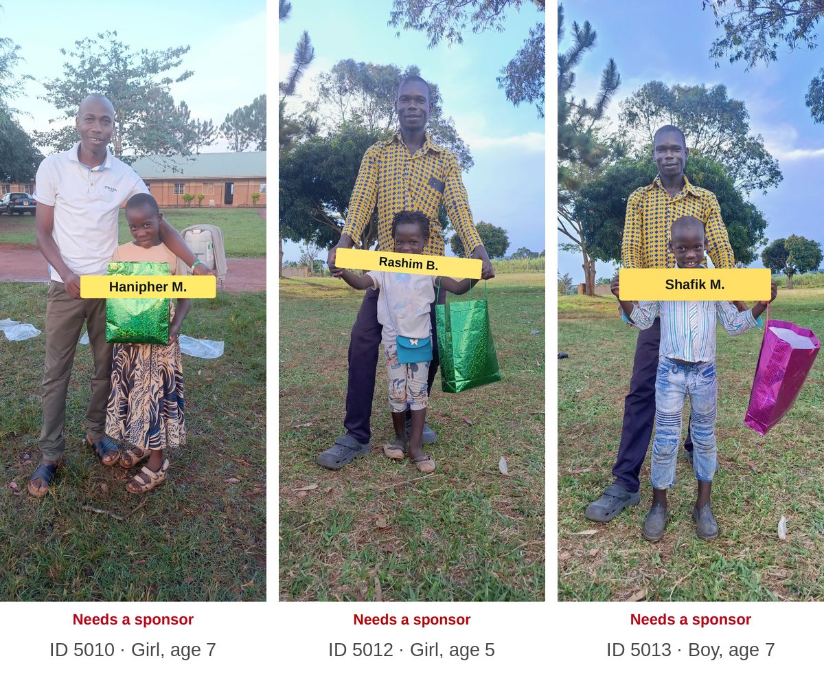 Scholarship children who still need a sponsor, each labeled with first name, ID, and age