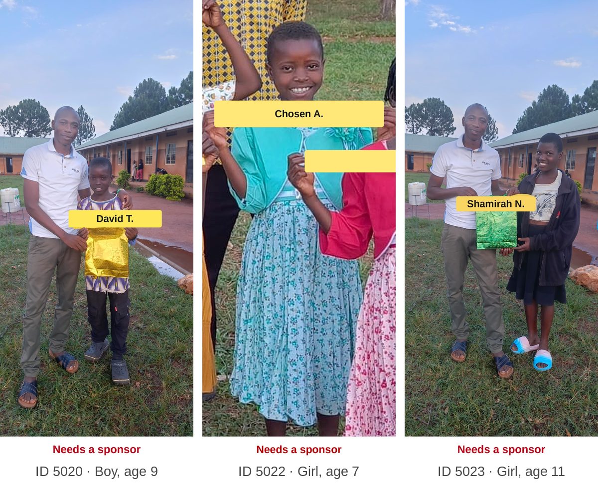 Scholarship children who still need a sponsor, each labeled with first name, ID, and age