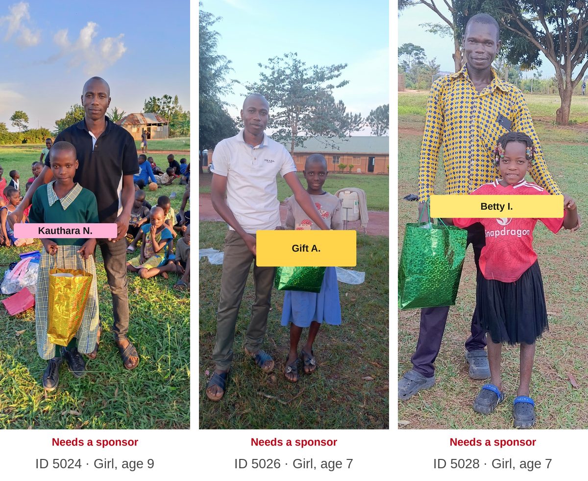 Scholarship children who still need a sponsor, each labeled with first name, ID, and age