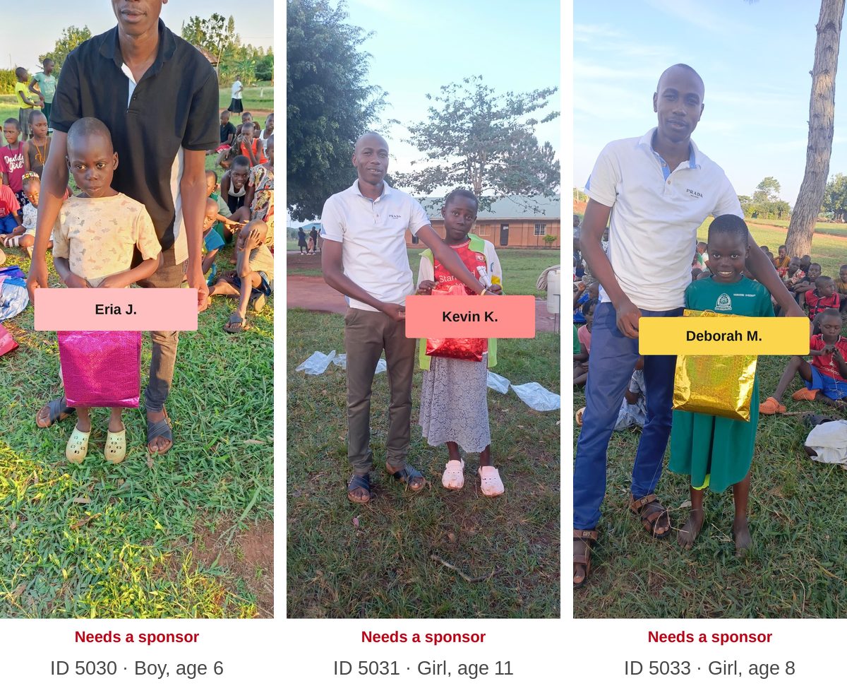 Scholarship children who still need a sponsor, each labeled with first name, ID, and age