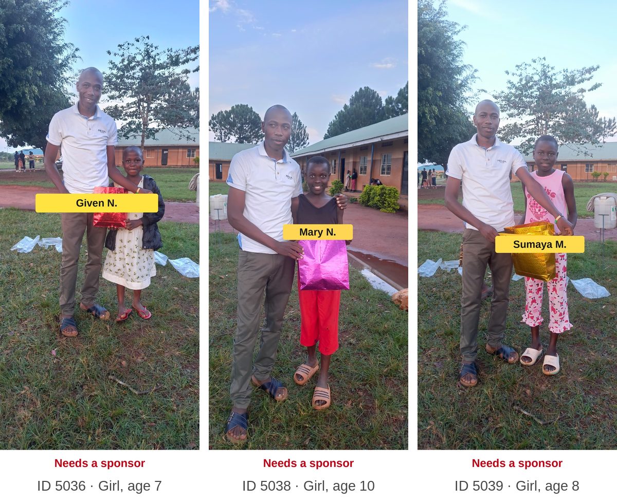 Scholarship children who still need a sponsor, each labeled with first name, ID, and age