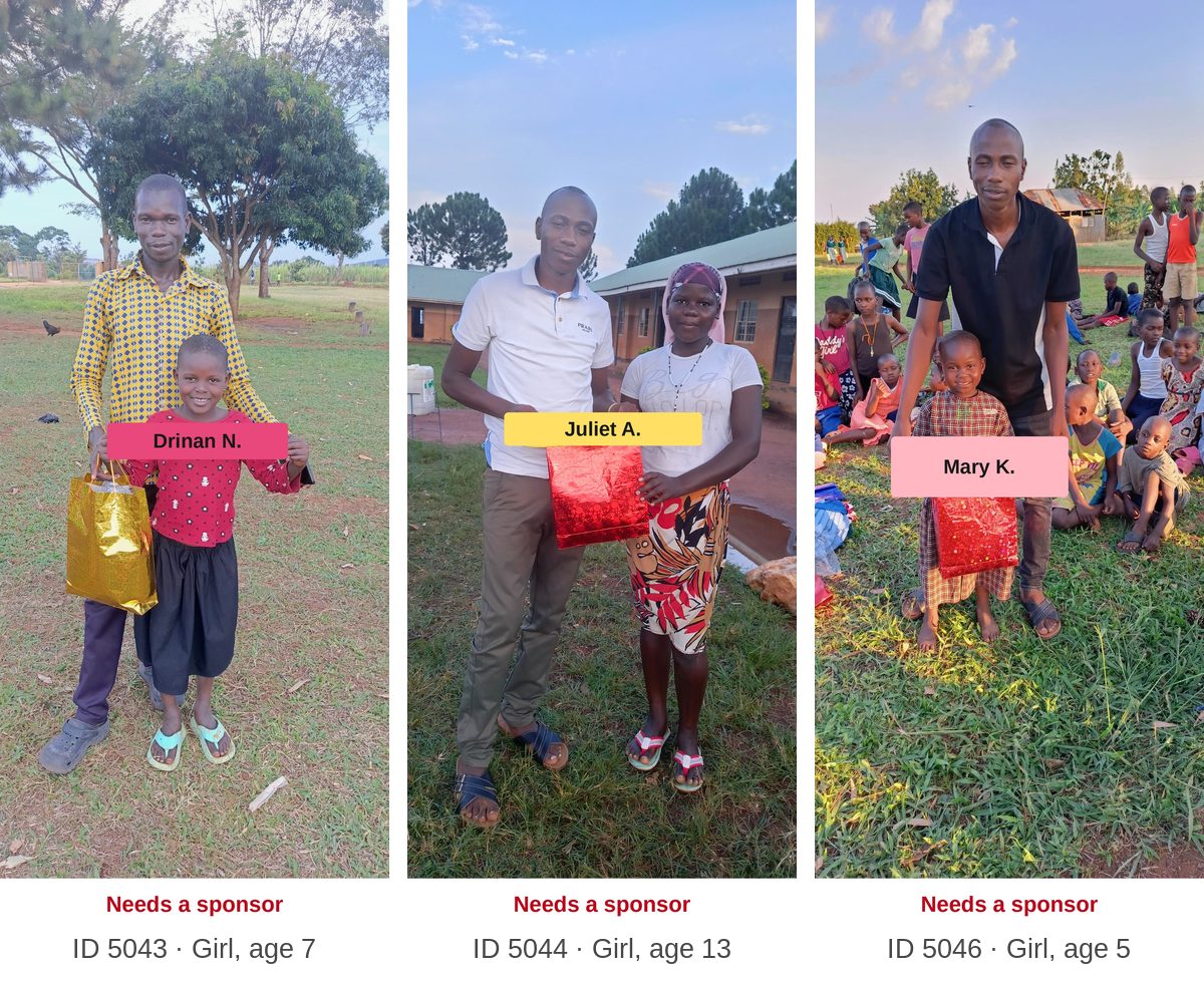 Scholarship children who still need a sponsor, each labeled with first name, ID, and age