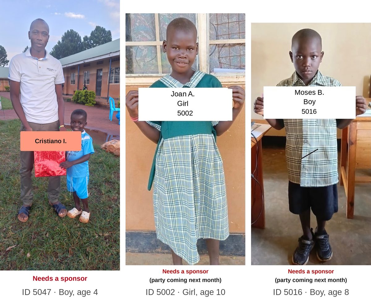 Scholarship children who still need a sponsor, each labeled with first name, ID, and age