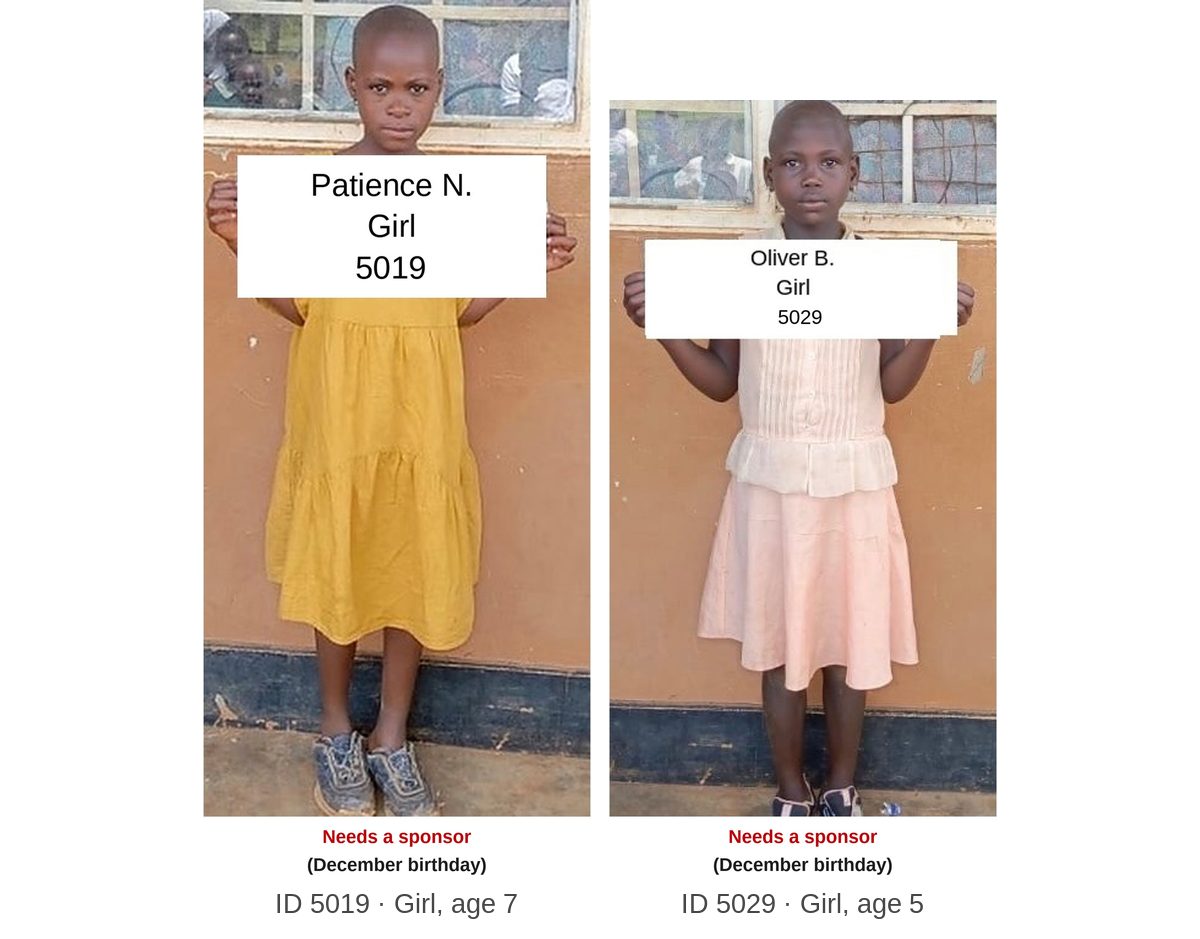 Scholarship children who still need a sponsor, each labeled with first name, ID, and age