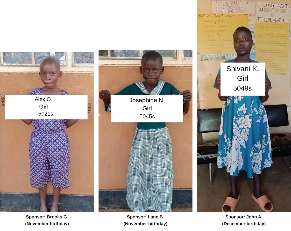 Newly sponsored scholarship children, each labeled with first name and sponsor